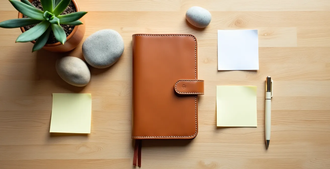 Vue d'un agenda partiellement rempli sur un bureau, symbolisant l'espace laissé pour la spontanéité.
