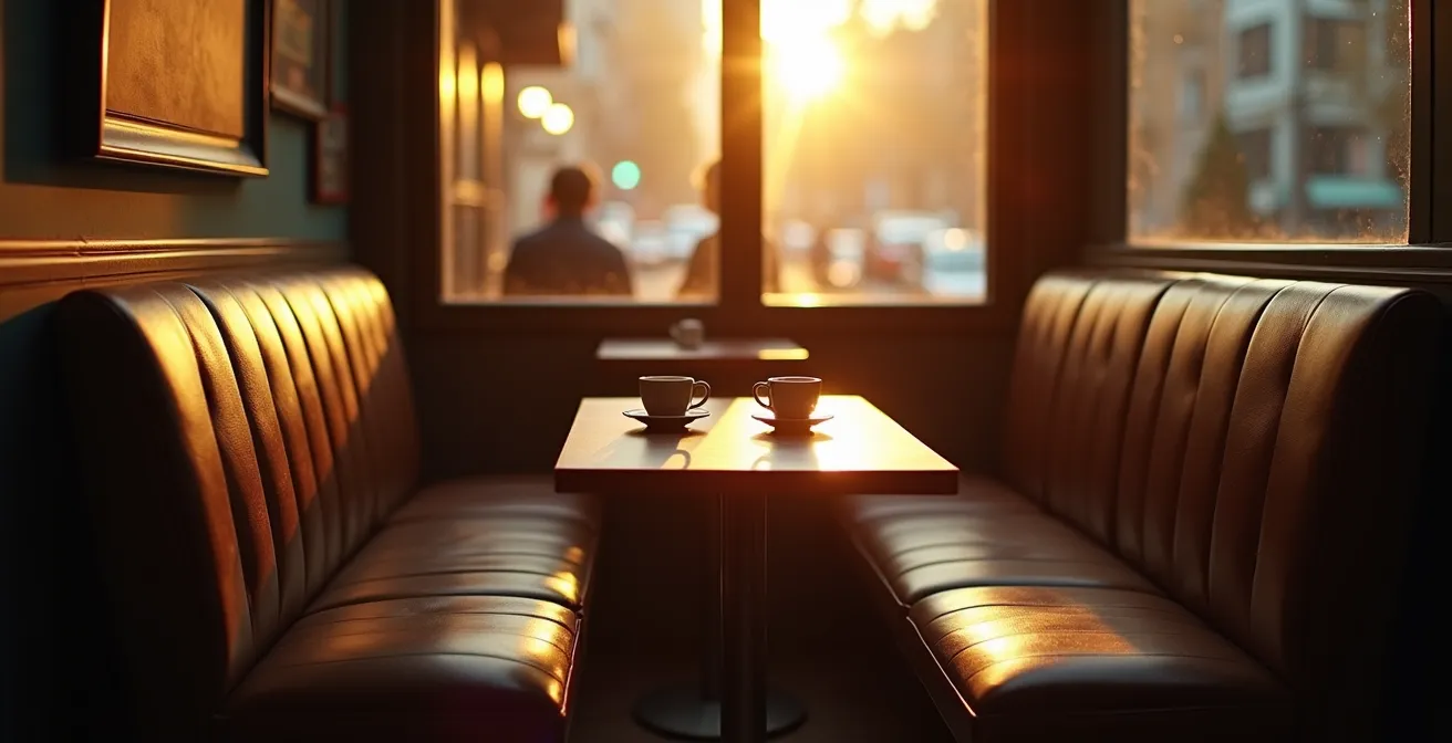 Ambiance chaleureuse d'un café avec lumière tamisée propice aux conversations intimes