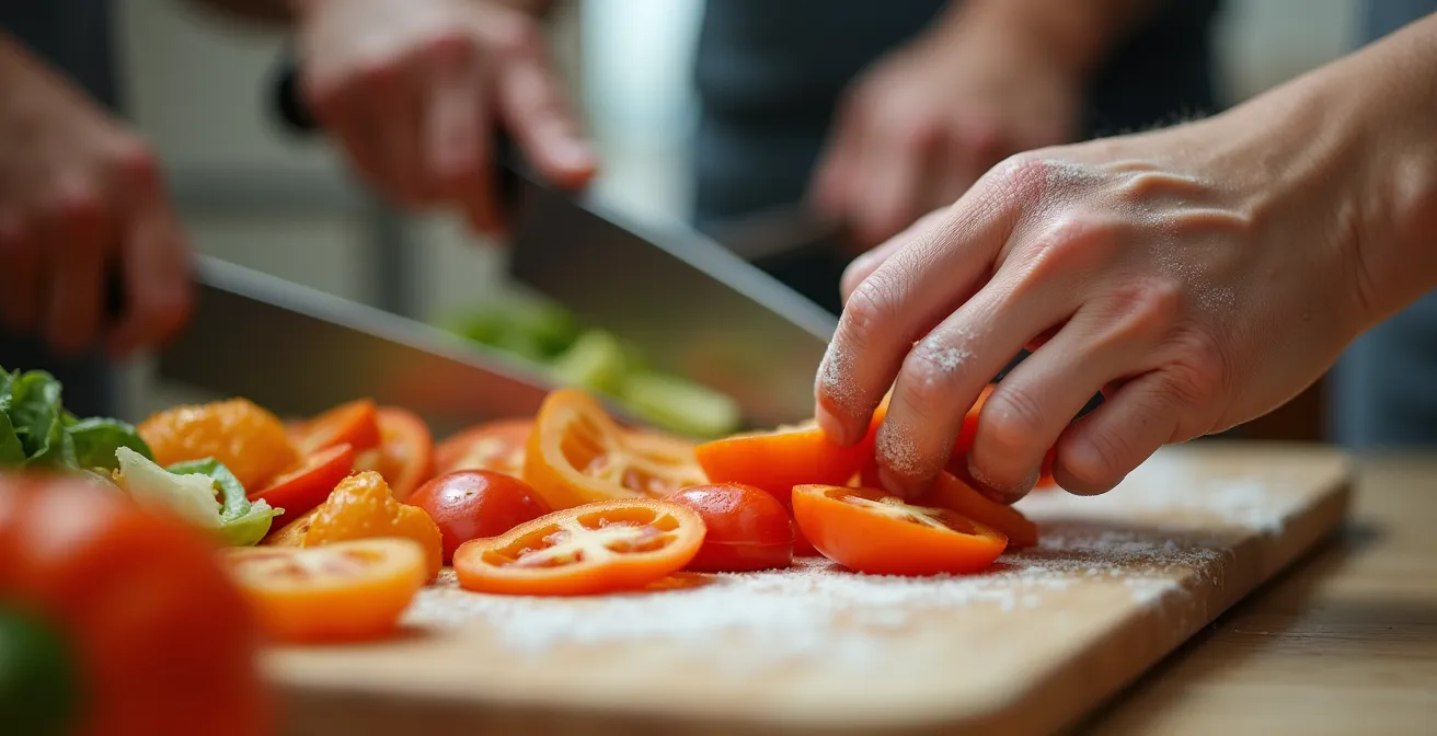 Groupe d'amis préparant ensemble des plats dans une cuisine lumineuse avec plans de travail en bois