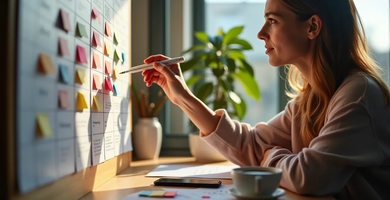Vue d'ensemble d'un bureau avec calendrier mural et notes colorées pour la planification d'événements