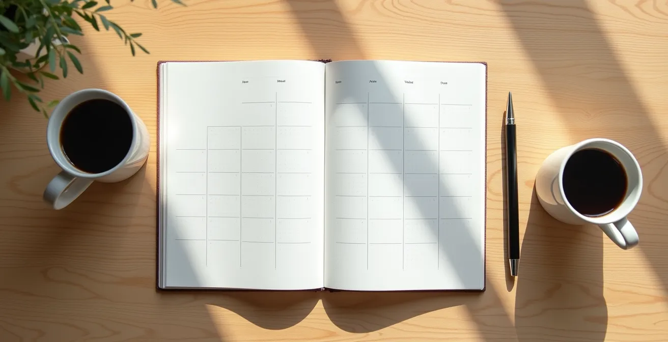 Vue aérienne d'un agenda ouvert avec une tasse de café et un stylo posés dessus