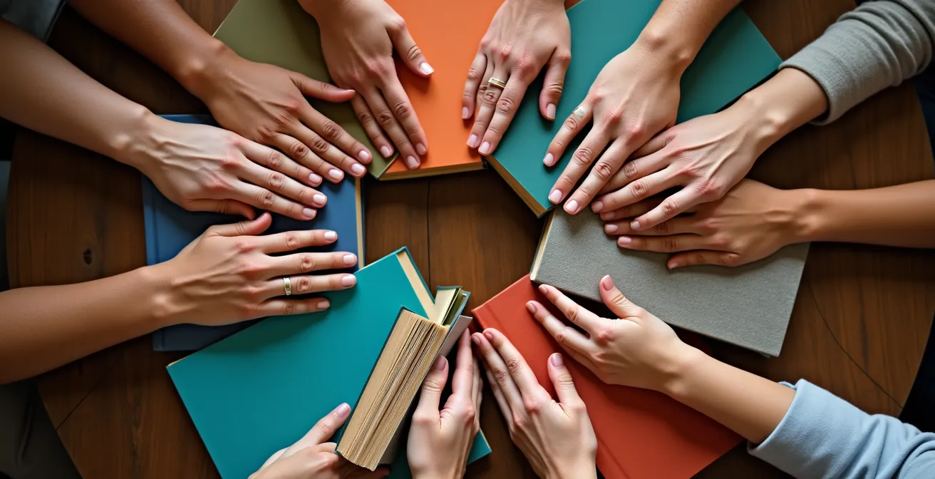 Vue macro de mains diverses tenant différents genres de livres formant un cercle collaboratif