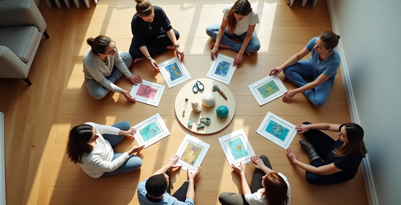 Cercle de discussion artistique avec échanges bienveillants entre participants