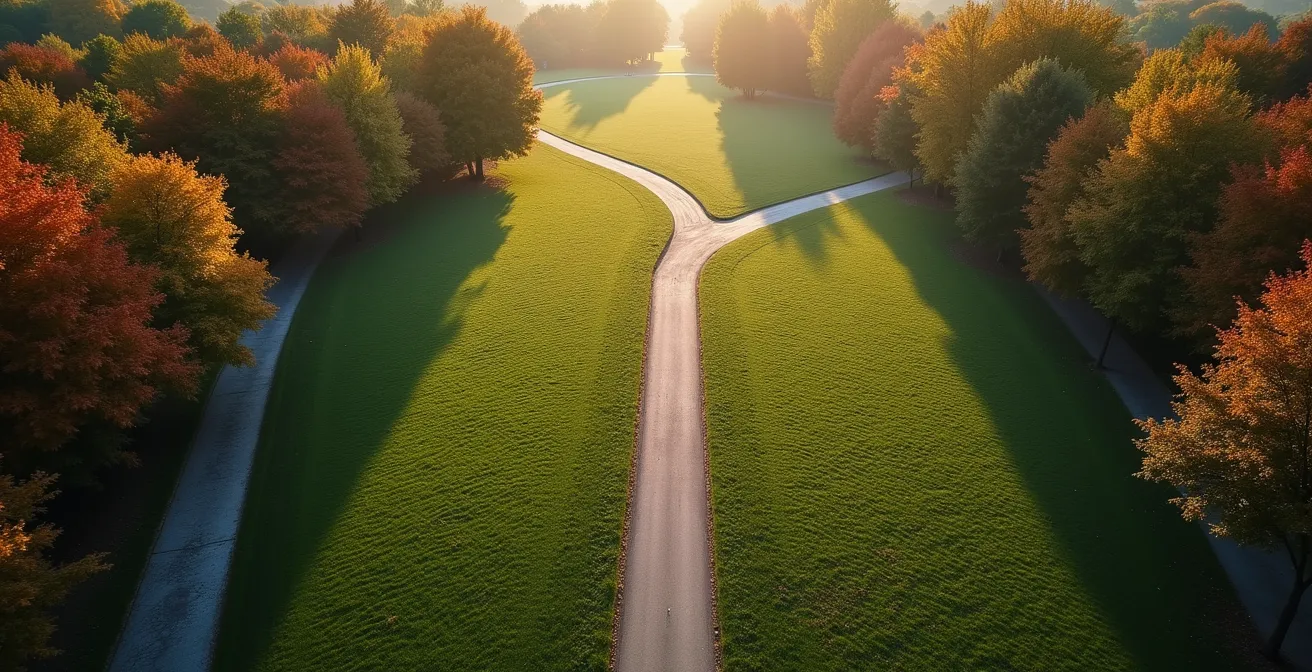 Deux chemins de course qui se séparent progressivement dans un parc