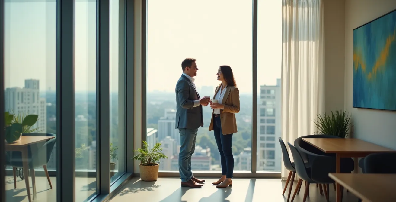Deux collègues partageant un moment de complicité pendant une pause café dans un espace de travail moderne