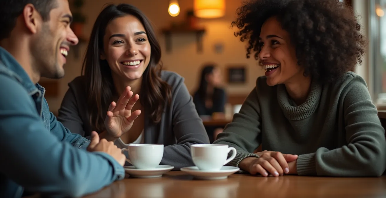 Deux personnes en discussion chaleureuse dans un café, illustrant un refus bienveillant d'invitation.