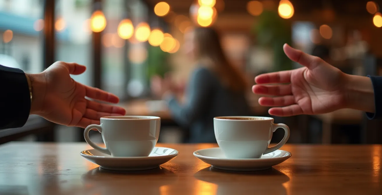 Deux personnes en conversation intime dans un café cosy avec lumière douce
