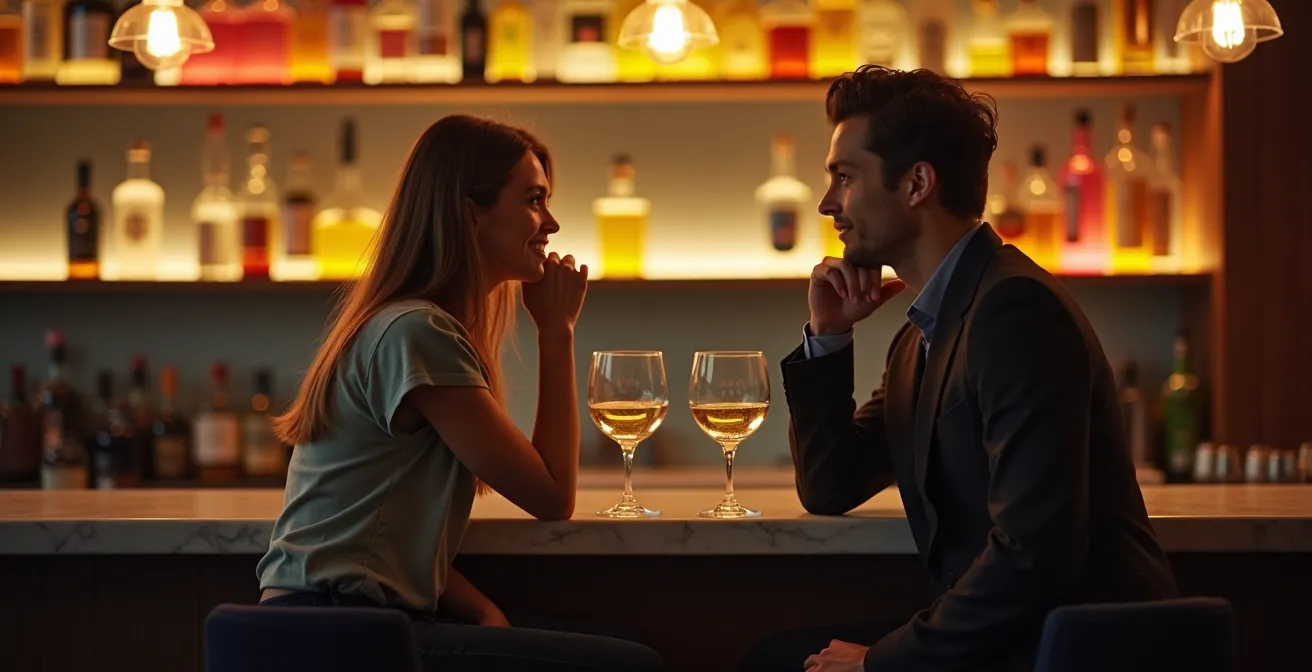 Deux personnes assises côte à côte au comptoir d'un bar, dans une conversation détendue