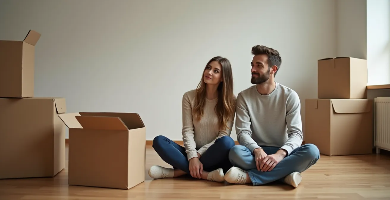 Couple assis entouré de cartons de déménagement, visages pensifs