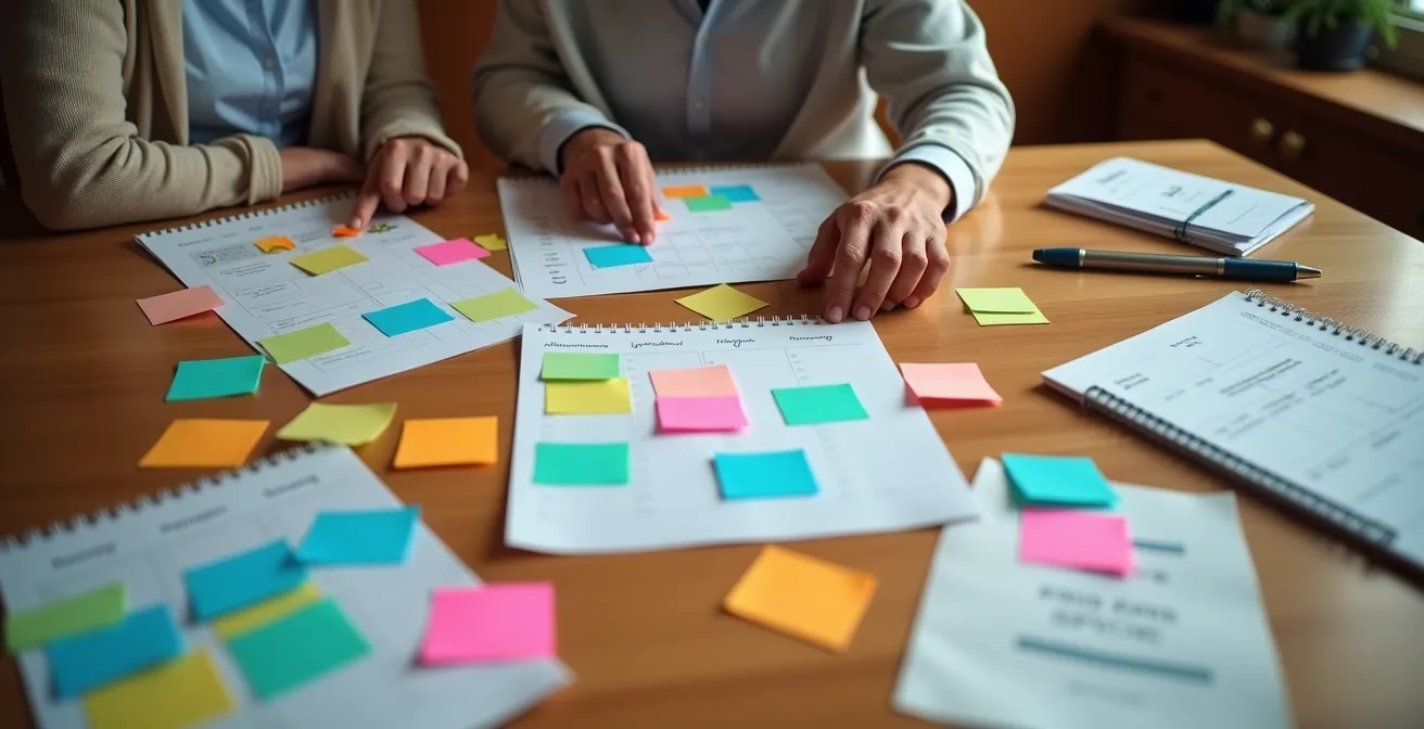 Couple discutant autour d'une table avec des notes et plannings éparpillés