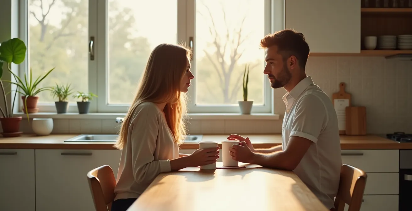 Couple partageant un moment de connexion quotidienne dans leur cuisine le matin