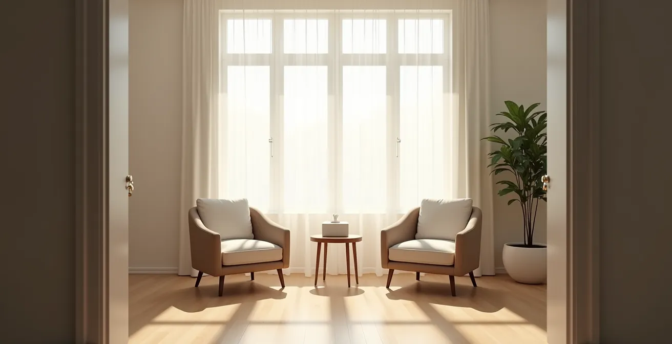 Vue minimaliste d'un espace de consultation avec une atmosphère apaisante suggérant le soutien professionnel