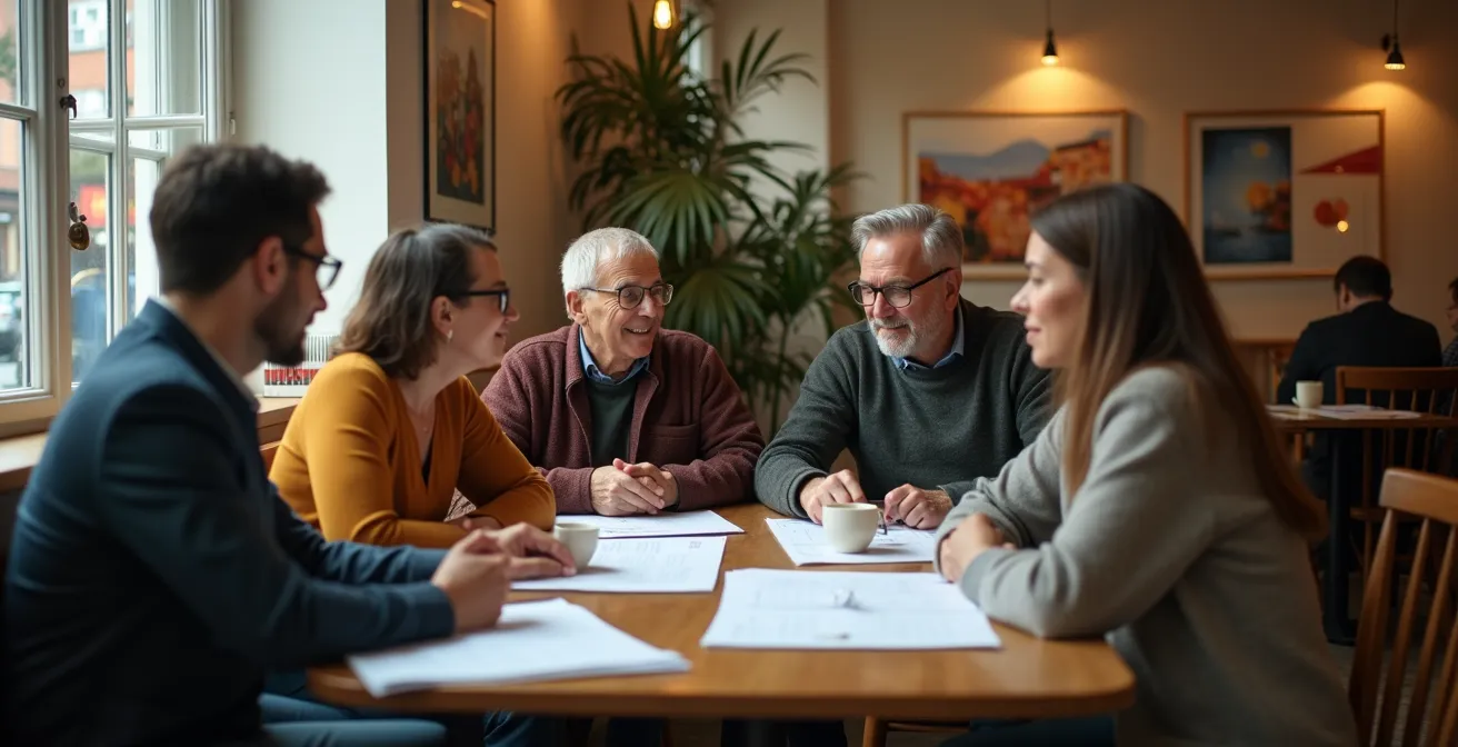 Petit groupe pionnier réuni dans un café local pour lancer une nouvelle initiative associative