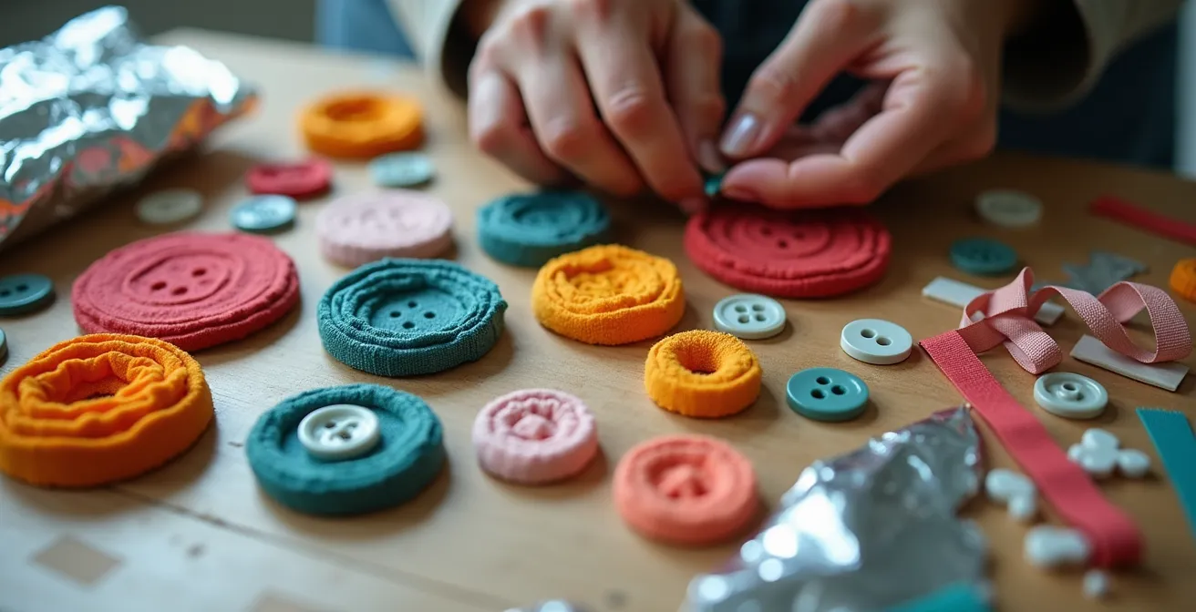 Matériaux de récupération assemblés pour créer un costume original