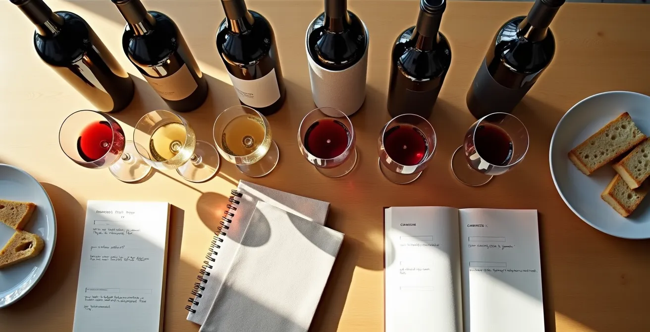 Dégustation de vin conviviale entre amis avec verres tulipes et carnet de notes sur table en bois