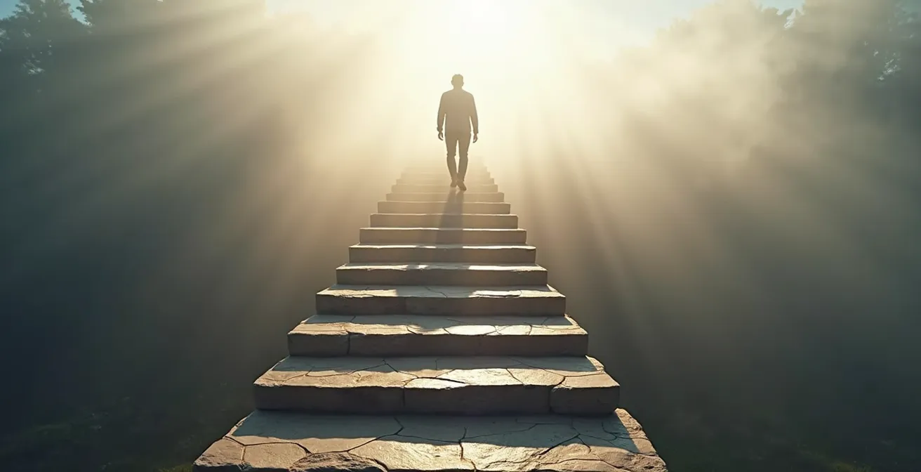 Personne montant un escalier symbolique vers des interactions sociales progressives