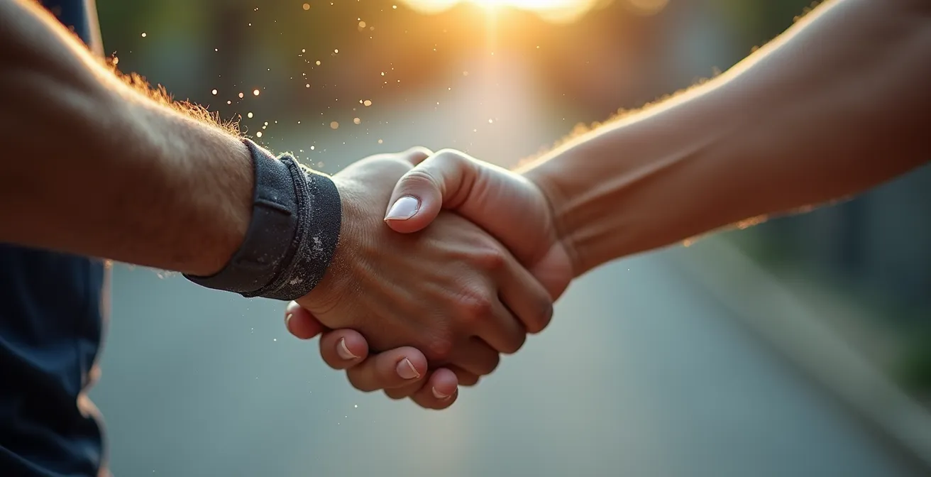 Gros plan sur deux mains qui se tapent après un effort sportif intense