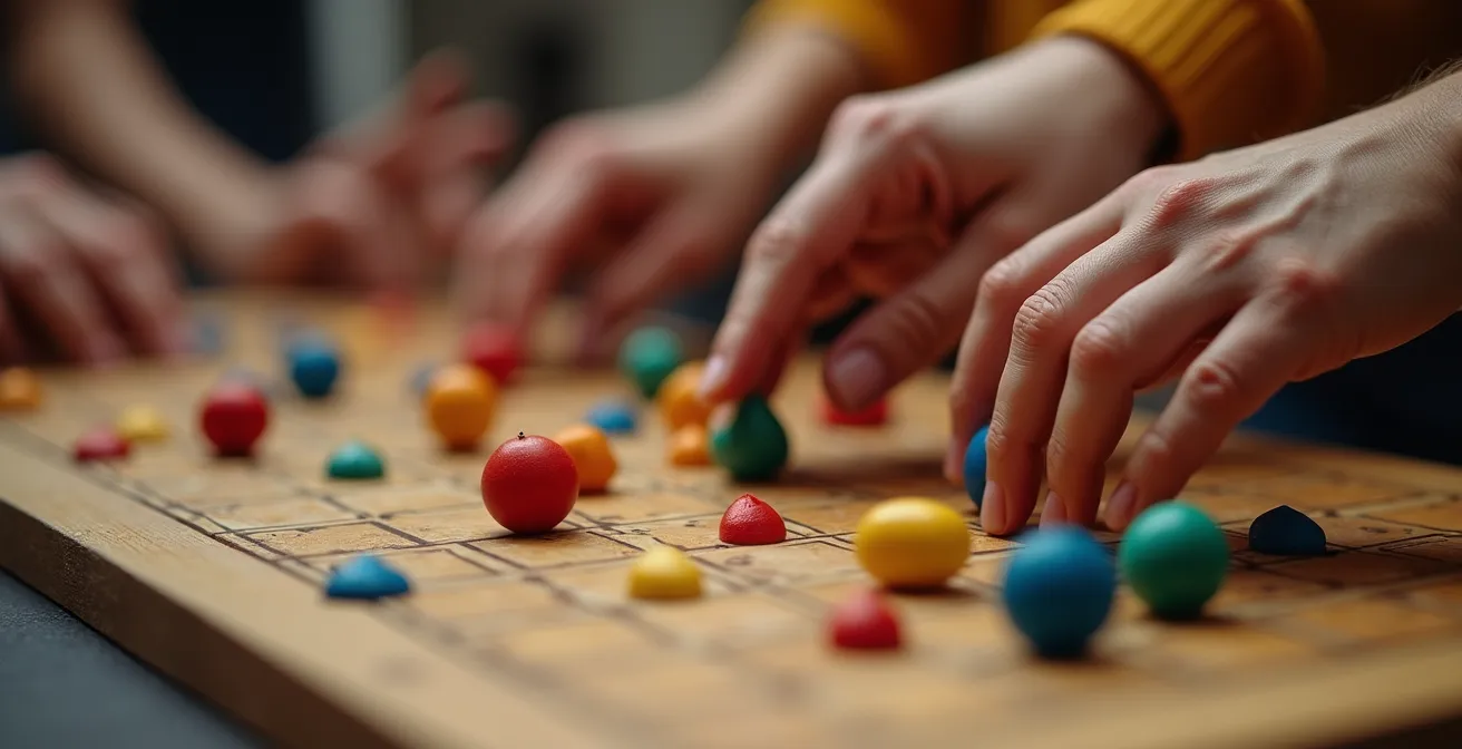 Vue macro de mains manipulant des pièces de jeu avec expressions concentrées floues en arrière-plan