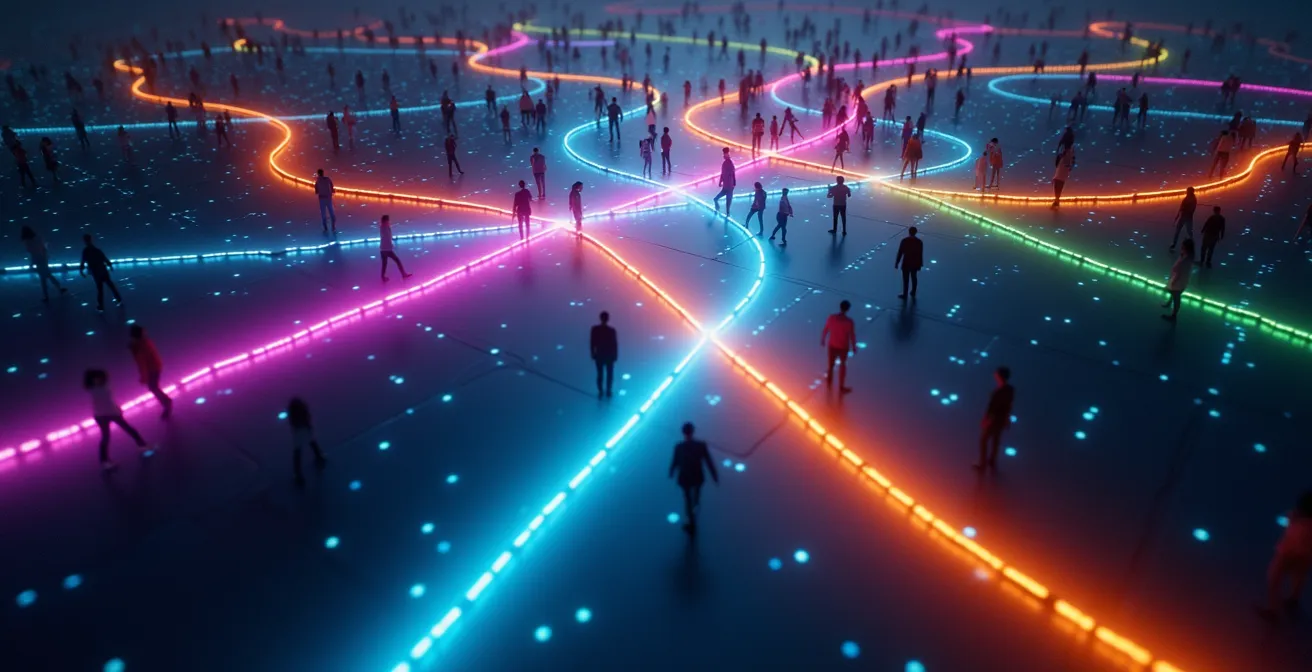 Vue aérienne de chemins lumineux qui se croisent et divergent dans différentes directions colorées