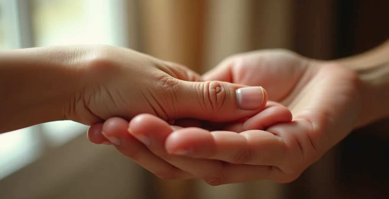 Gros plan sur deux mains entrelacées montrant la connexion tactile et émotionnelle