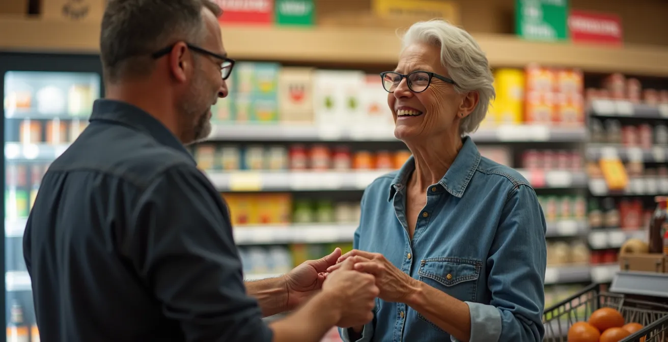 Scène naturelle d'interaction dans une épicerie locale
