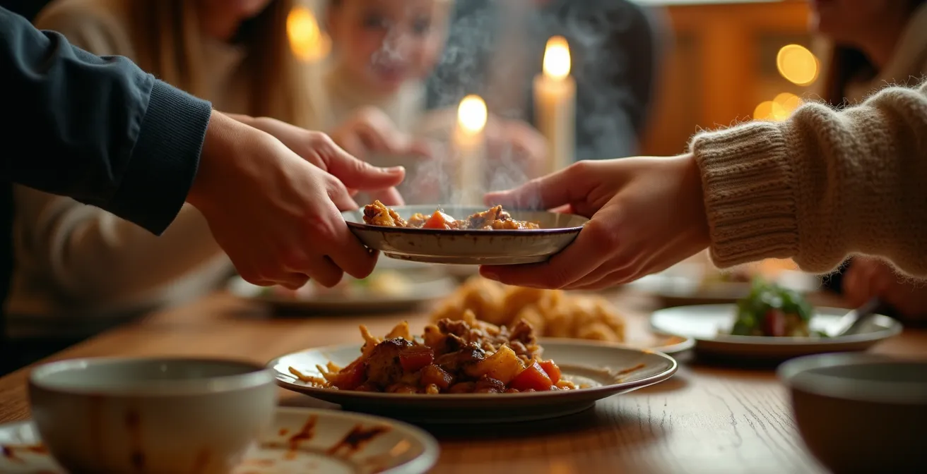 Groupe d'amis adultes partageant un repas convivial dans une atmosphère chaleureuse et détendue