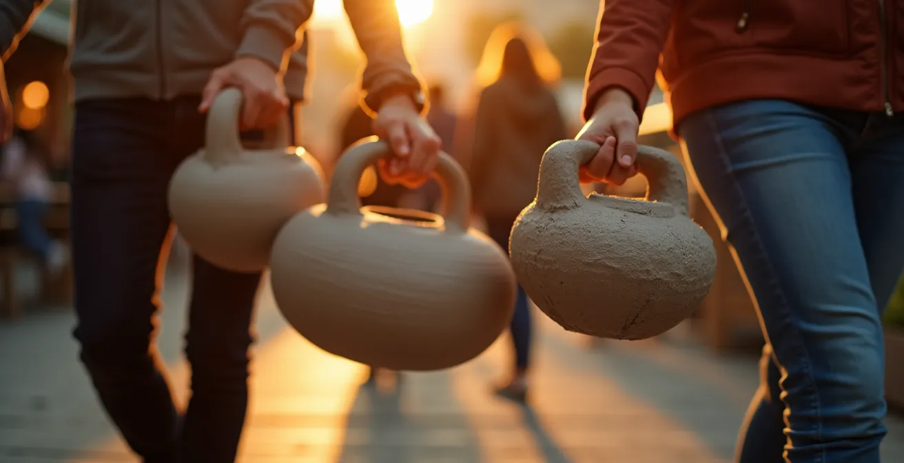 Groupe d'amis sortant ensemble d'un atelier créatif en soirée