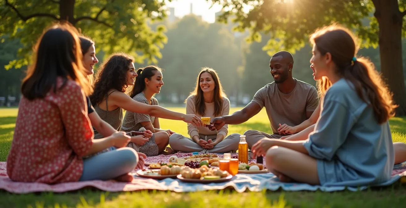 Groupe d'amis partageant un pique-nique convivial dans un parc urbain ensoleillé