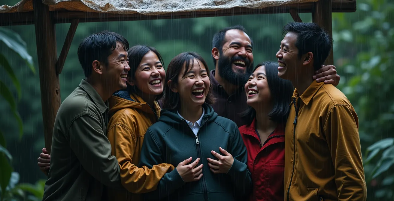 Groupe d'adultes riant ensemble sous la pluie lors d'une activité extérieure