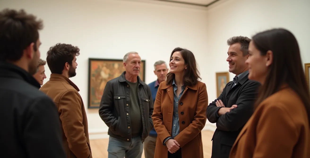 Groupe de visiteurs écoutant un guide dans un musée, échangeant des regards et sourires complices