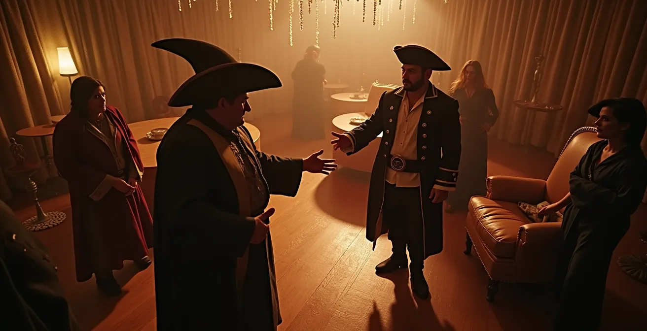 Personnes déguisées interagissant de manière ludique lors d'une soirée