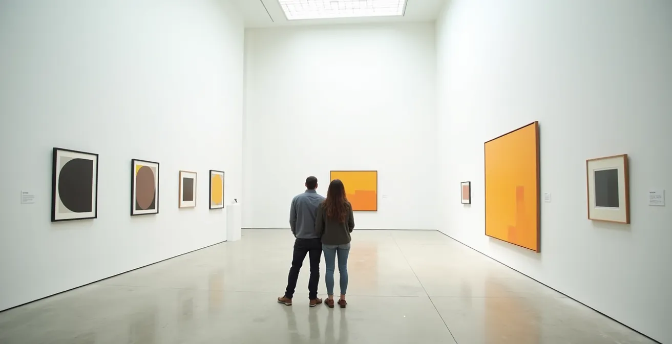 Un couple découvre ensemble une exposition d'art dans un espace lumineux et moderne