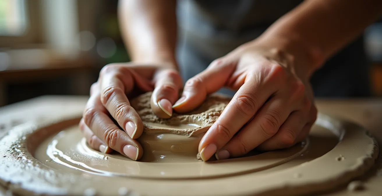 Quatre mains travaillant ensemble sur une sculpture d'argile, créant une forme harmonieuse, symbolisant la co-création du couple