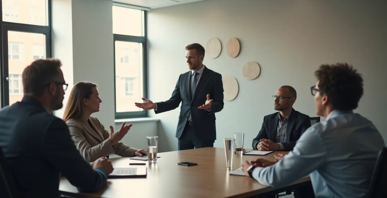 Médiateur utilisant une gestuelle apaisante pour recentrer une discussion de groupe