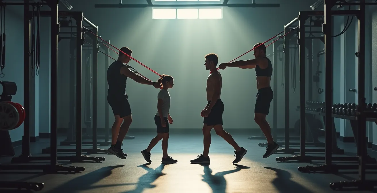 Un sportif expérimenté guide un débutant dans l'exécution d'un mouvement technique