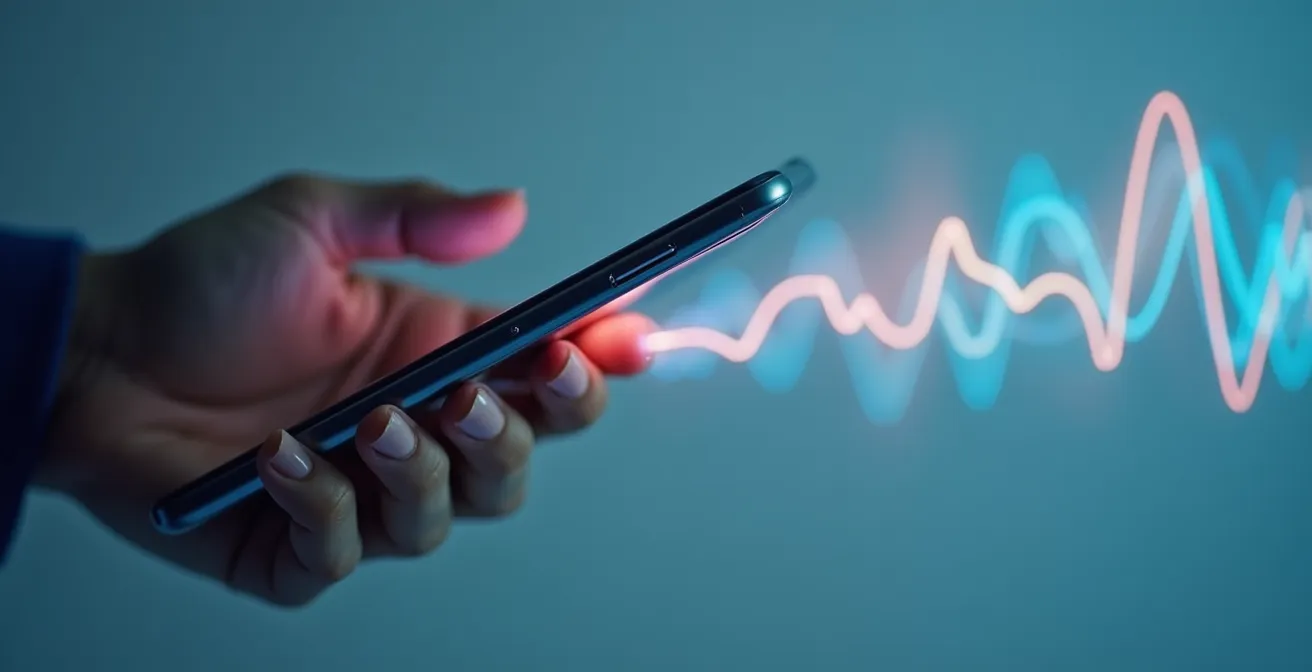 Gros plan sur une main tenant un smartphone avec des ondes sonores abstraites représentant un message vocal