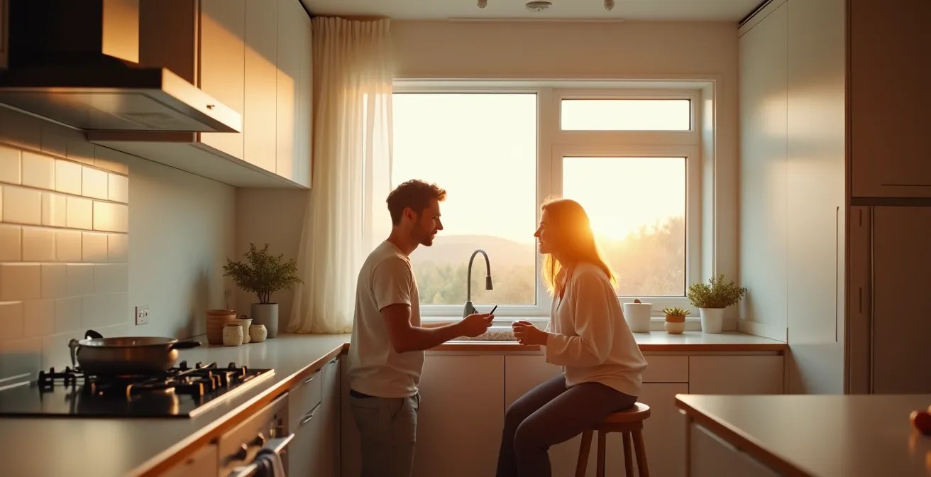 Couple partageant un moment intime dans une cuisine moderne, l'un cuisine pendant que l'autre raconte sa journée