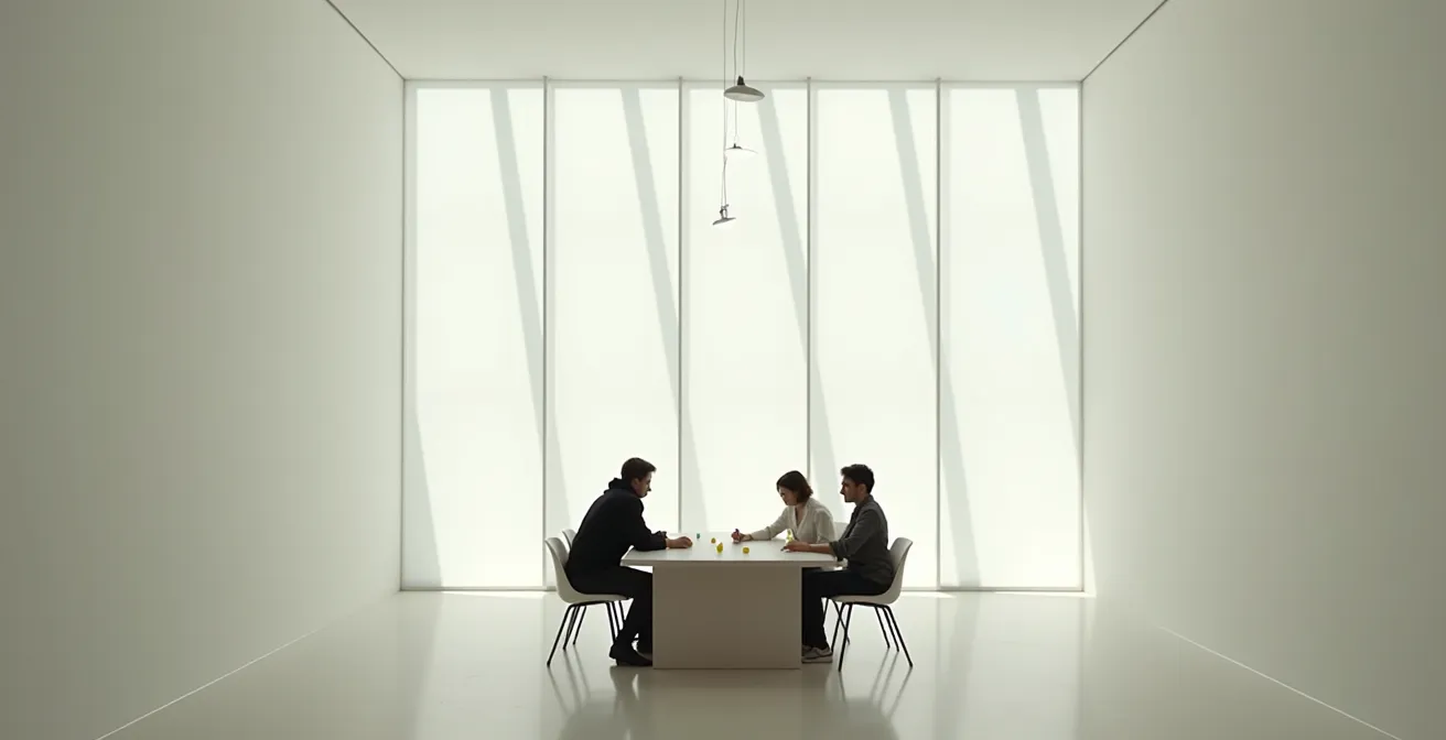 Ambiance minimaliste d'une table de jeu vue de loin avec joueurs en silhouette