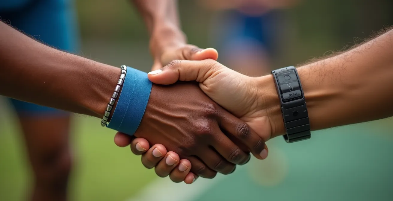 Gros plan sur deux mains qui se tapent après un effort sportif partagé