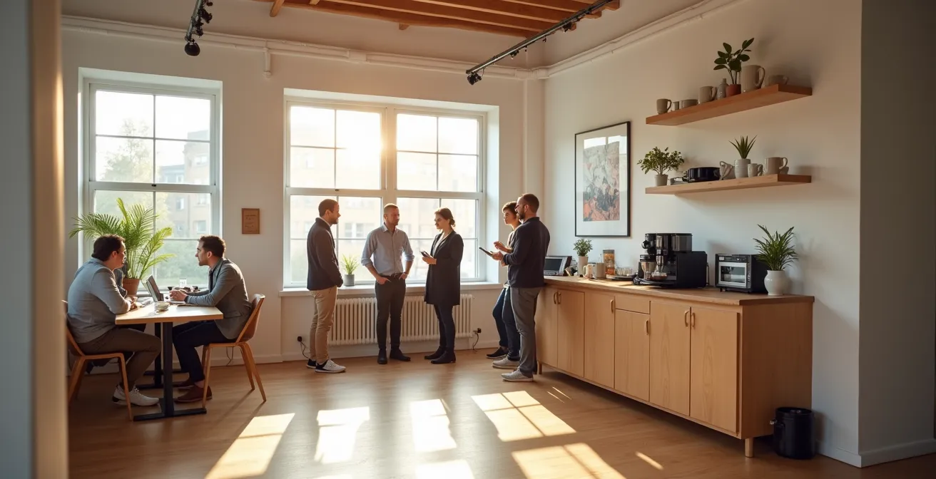 Participants d'un atelier partageant un moment de pause café dans un espace lumineux