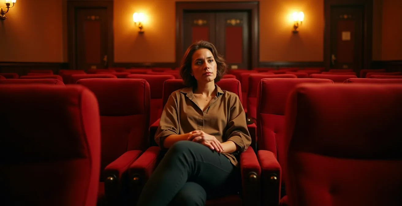 Une personne assise seule dans un cinéma d'art et essai avant la séance, ambiance chaleureuse