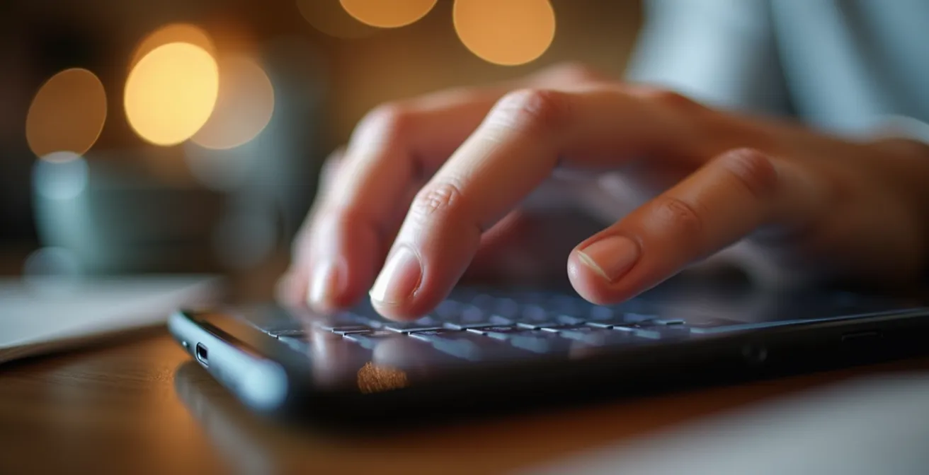 Main tenant un smartphone avec une bulle de conversation floue en arrière-plan