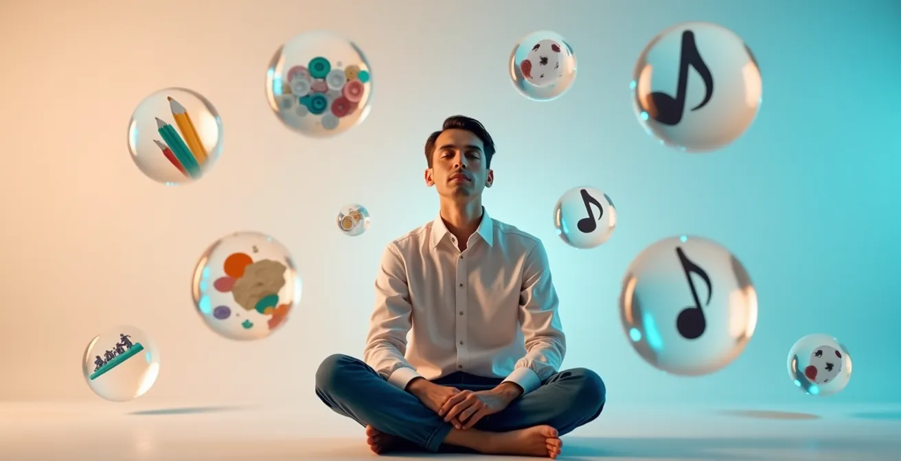 Personne entourée de bulles colorées représentant différents centres d'intérêt flottant dans l'espace