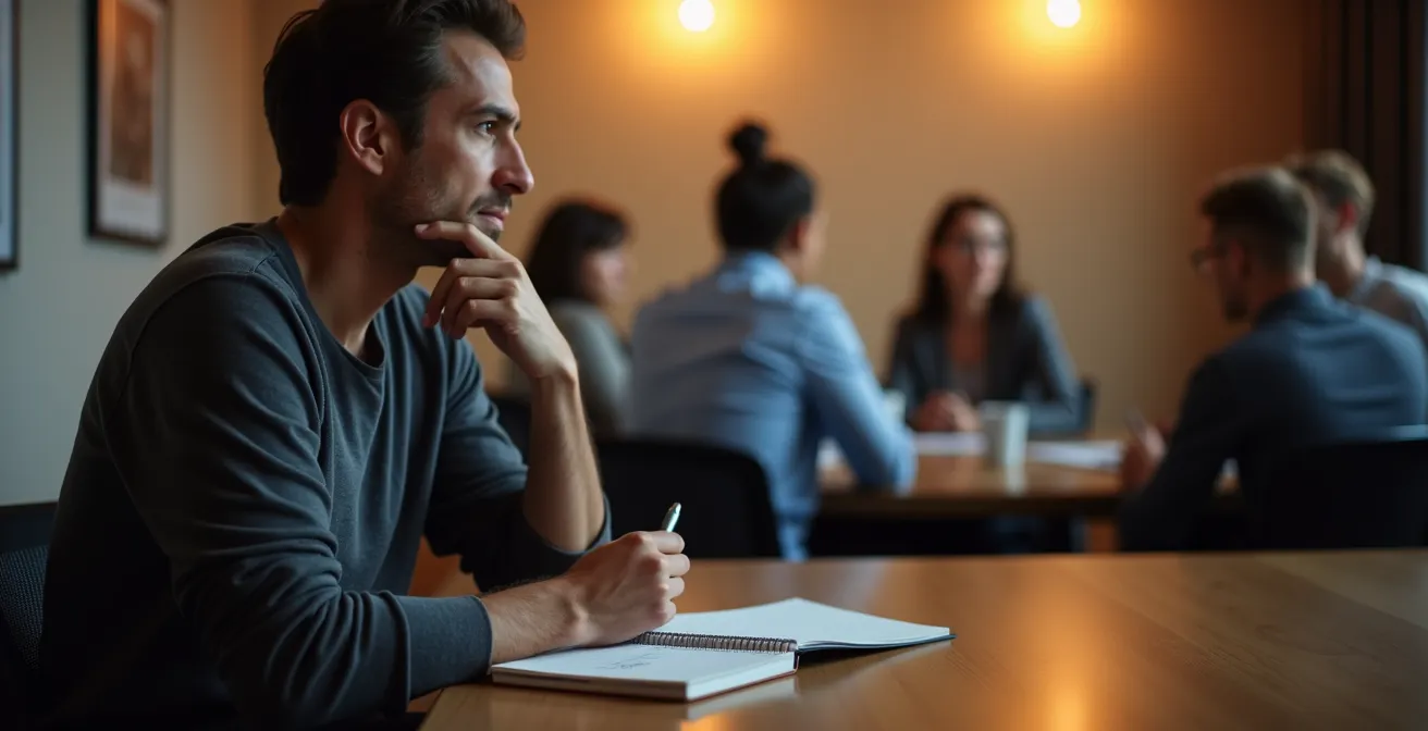 Personne réfléchissant avec un carnet de notes lors d'une réunion d'observation associative