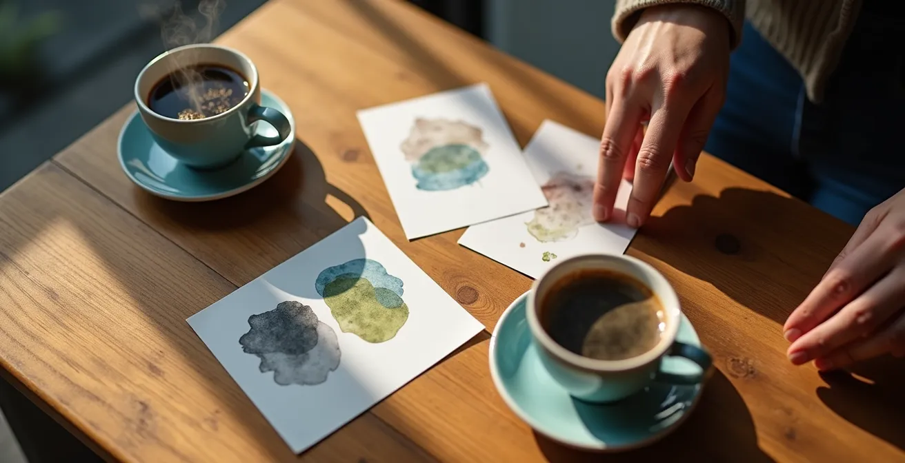 Cartes de conversation avec questions ouvertes disposées sur une table de café
