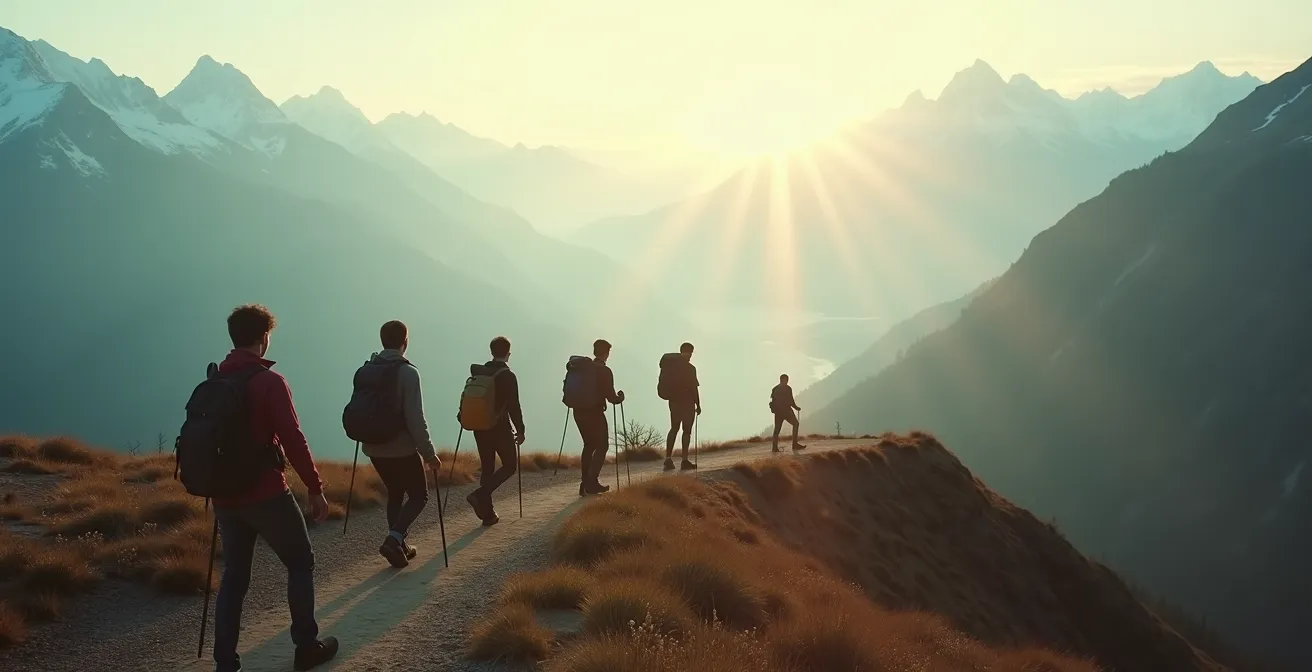 Groupe de randonneurs en montagne marchant sur un sentier avec vue panoramique