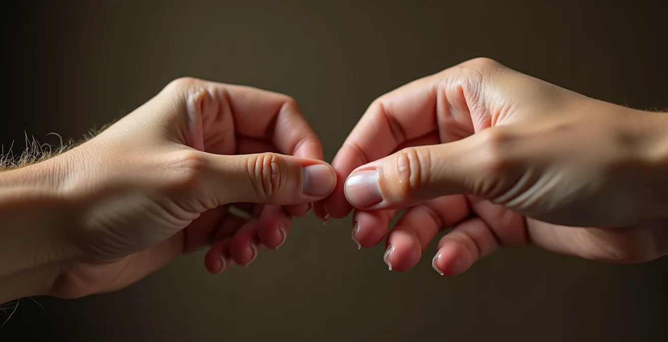 Détail macro d'une main tendue vers une autre dans un geste de connexion
