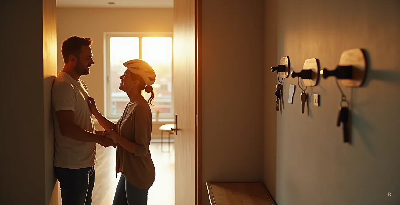 Couple créant un rituel de transition avec tendresse avant un moment de loisir personnel