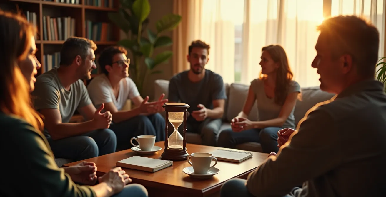 Vue large d'un salon avec groupe d'amis en discussion animée autour de livres dans une atmosphère chaleureuse