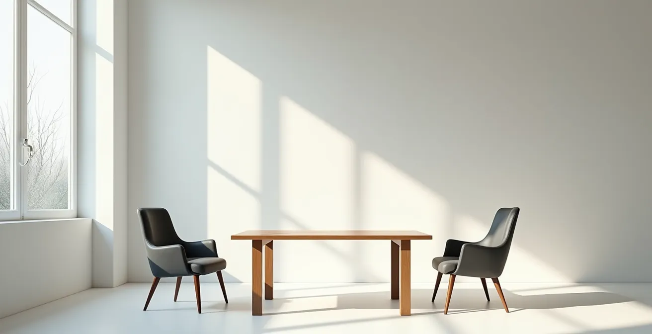 Métaphore visuelle de la distance émotionnelle avec deux chaises séparées dans un espace lumineux